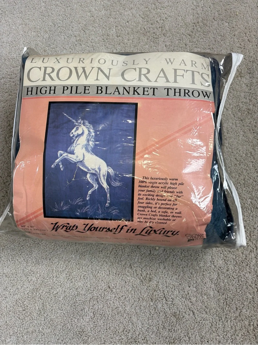 VINTAGE 70s Blue & White CROWN CRAFTS High Pile UNICORN BLANKET Plush THROW